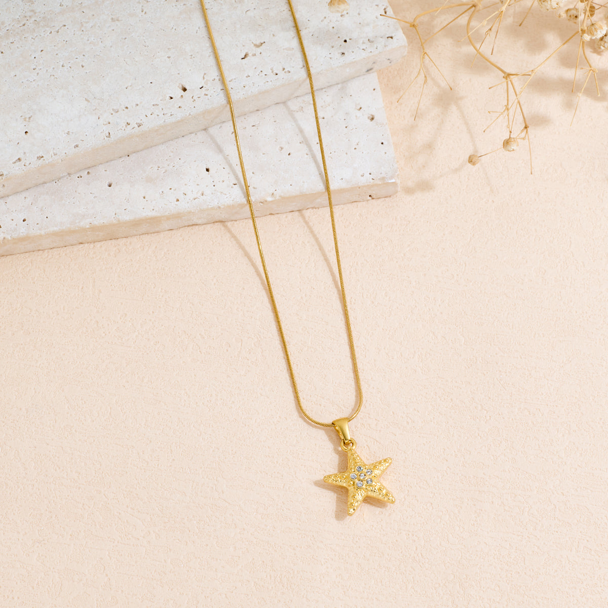Ocean Wind Starfish Style Stainless Steel Inlaid Rhinestone Pendant Necklace