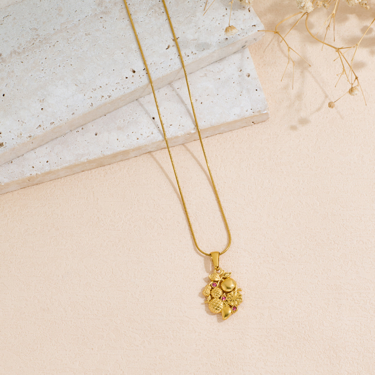 Stainless Steel Necklace With Fruit Pattern Inlaid With Rhinestones Pendant