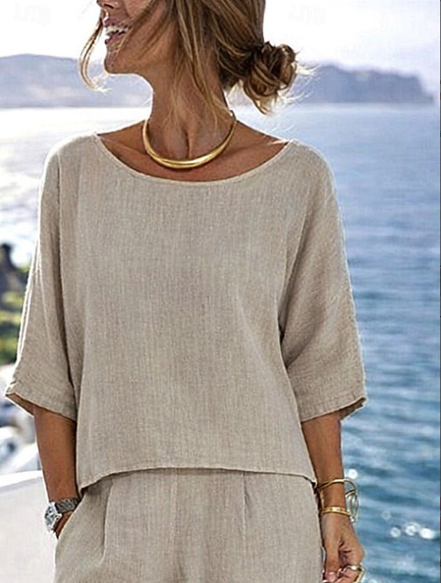 Cotton-Linen Minimalist Elegant Resort Short-Sleeve Pants Set