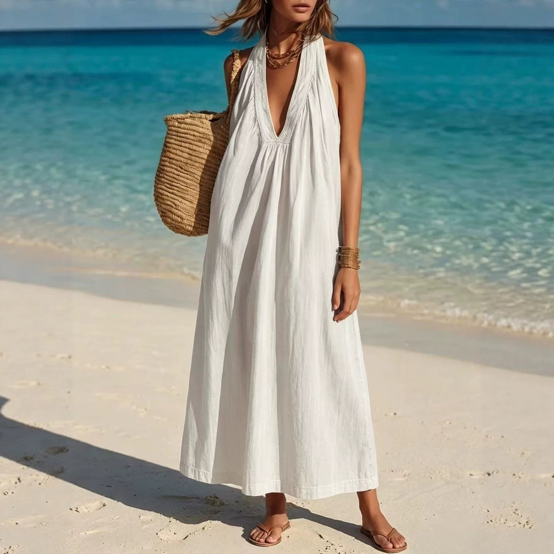 Womens Long Sleeveless Cotton-Linen Comfortable Dress