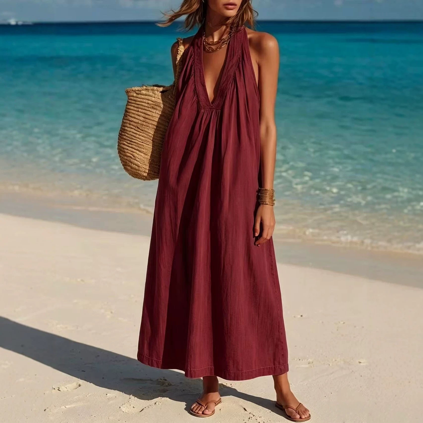 Womens Long Sleeveless Cotton-Linen Comfortable Dress