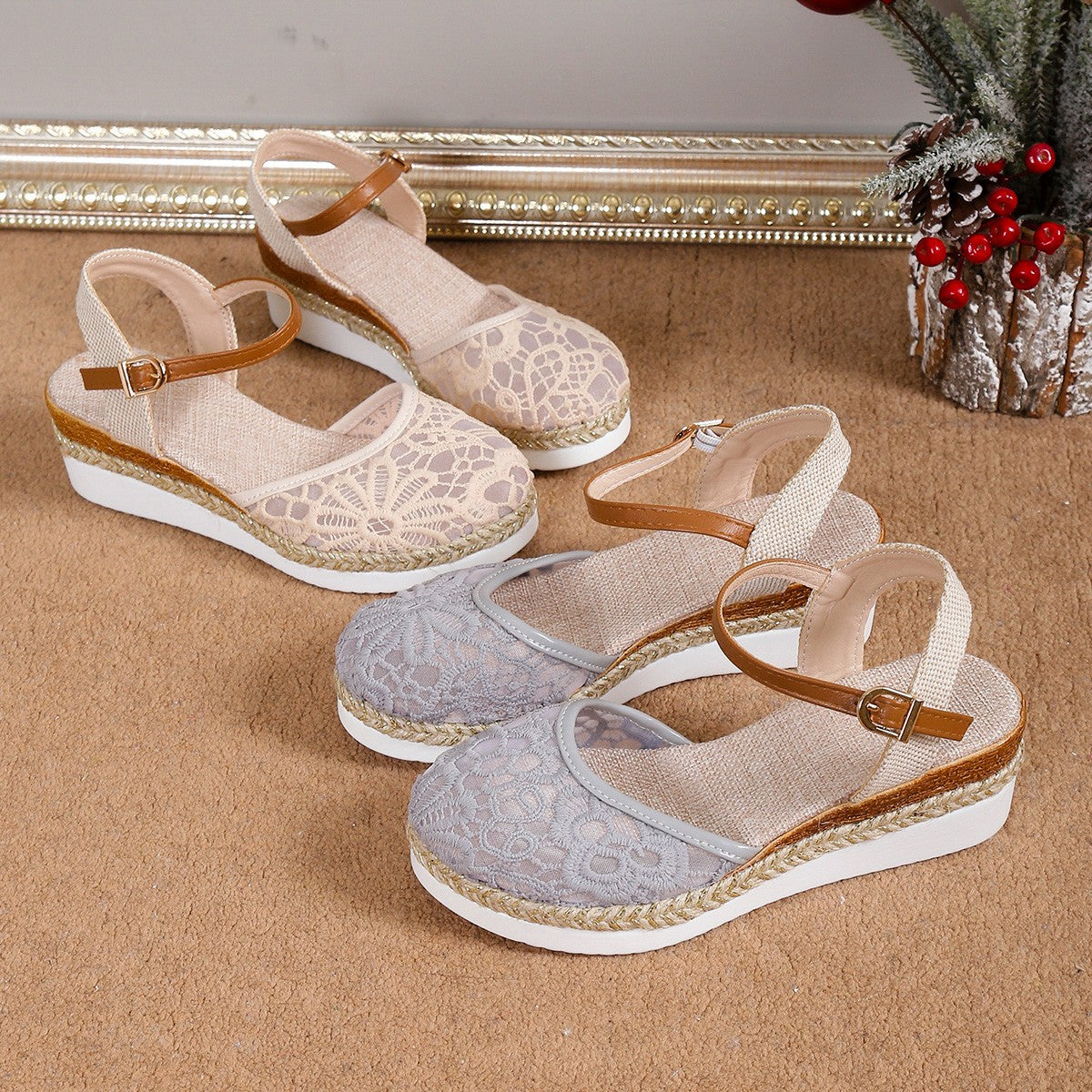 Womens Plus-Size Mesh Breathable Embroidered Stylish High-Heel Sandals