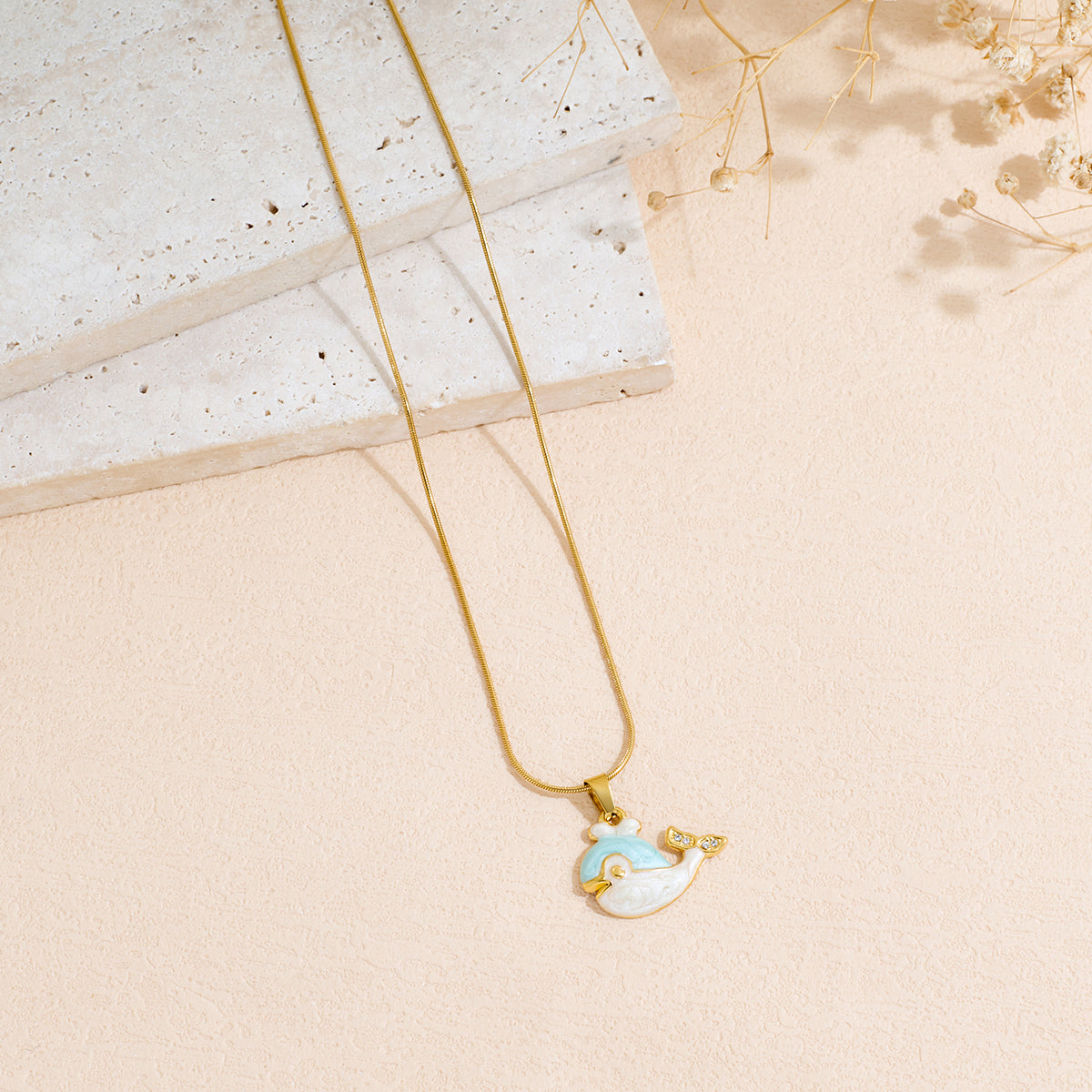 Ocean Wind Dolphin Style Inlaid Rhinestone Drip Oil Stainless Steel Pendant Necklace