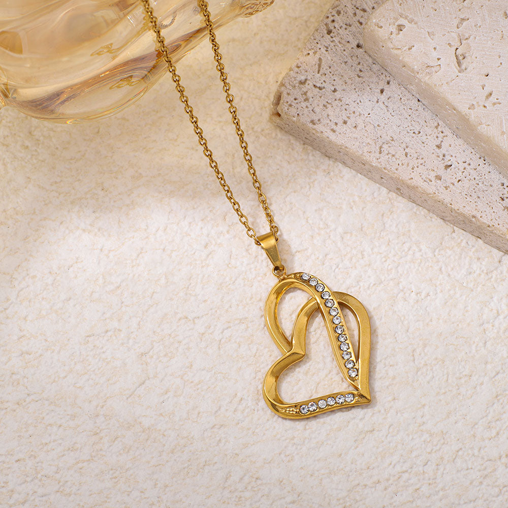 Stainless Steel Heart-shaped Pendant Necklace With Rhinestone Inlay