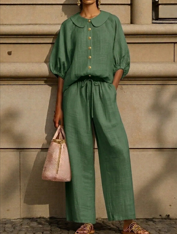 Womens Cotton-Linen Lantern-Sleeve Shirt Set