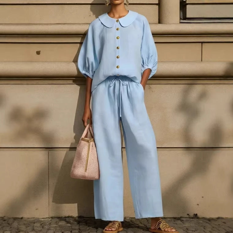 Womens Cotton-Linen Lantern-Sleeve Shirt Set
