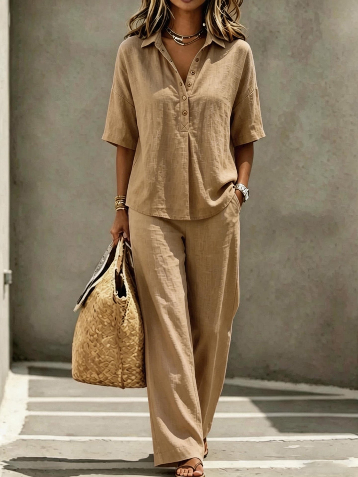Womens Polo-Neck Button-Up Top And Wide-Leg Pants Two-Piece Set