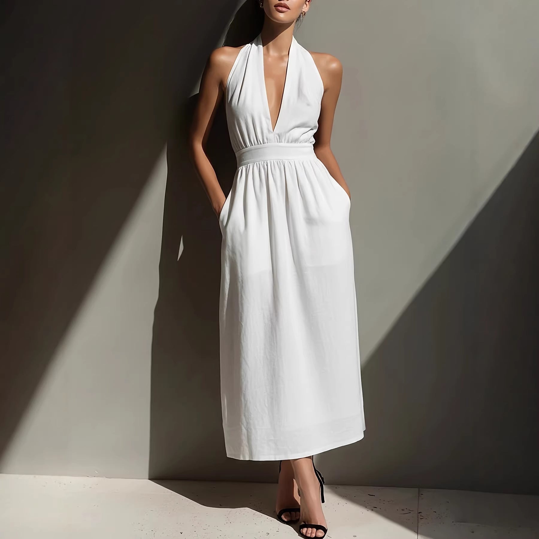 Women's Solid Color Halter Neck Off-Shoulder Dress