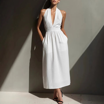 Women's Solid Color Halter Neck Off-Shoulder Dress
