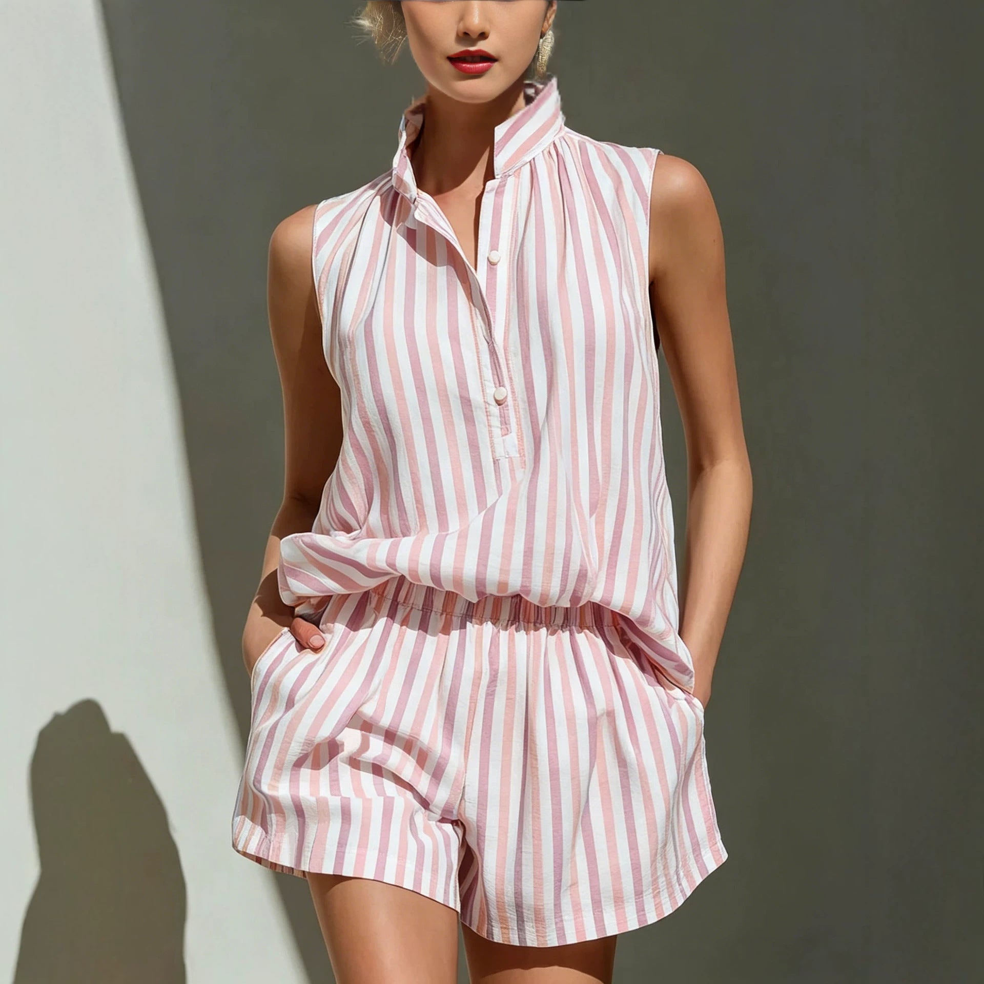 Sleeveless Stand Collar Striped Vest And Casual Shorts Two-Piece Set