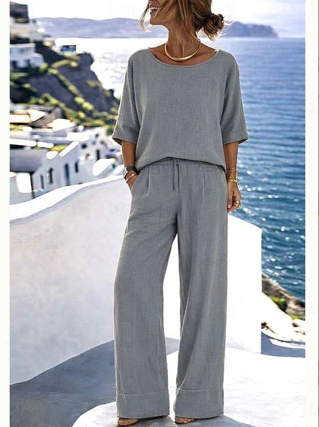 Cotton-Linen Minimalist Elegant Resort Short-Sleeve Pants Set