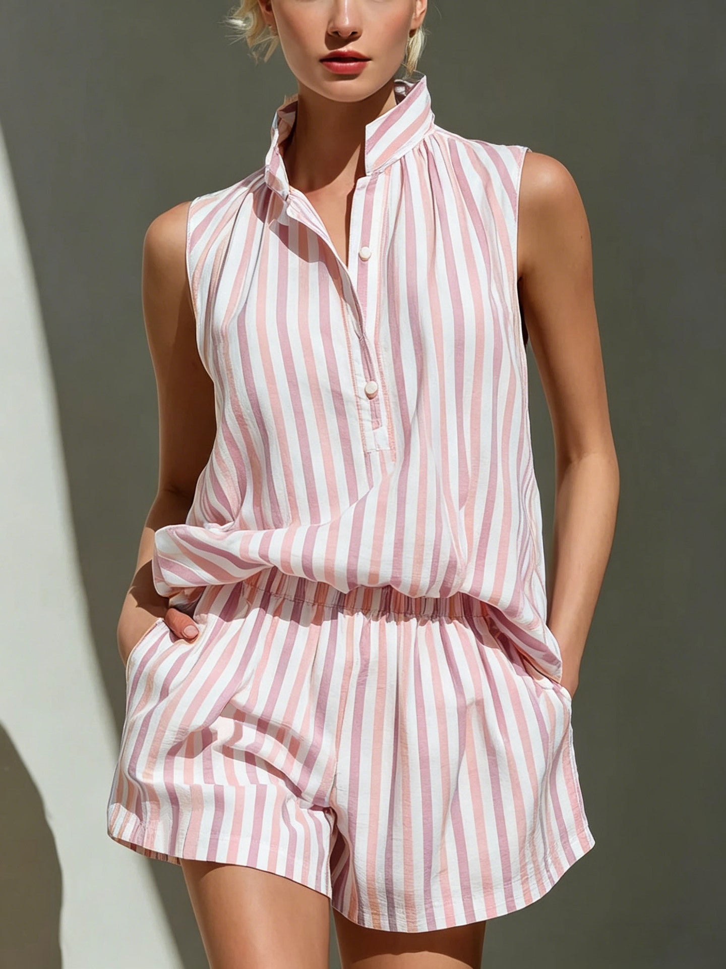 Sleeveless Stand Collar Striped Vest And Casual Shorts Two-Piece Set