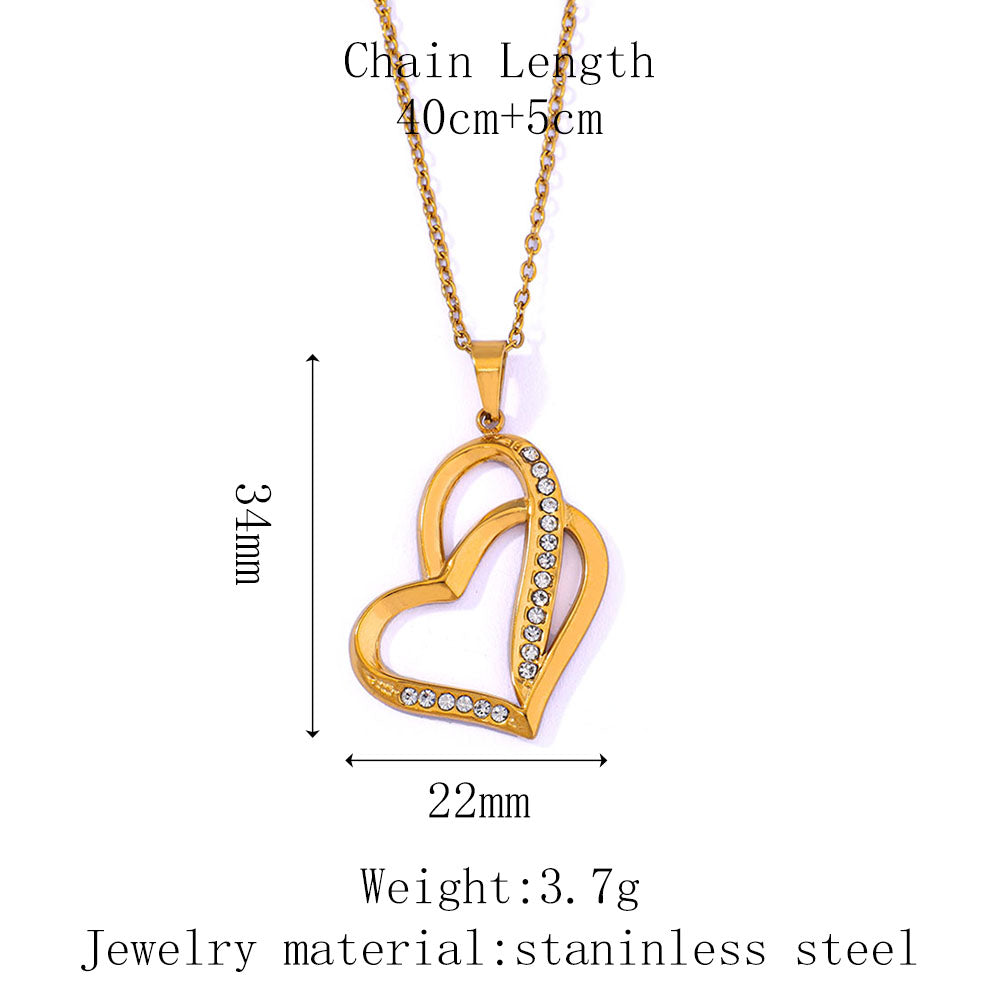 Stainless Steel Heart-shaped Pendant Necklace With Rhinestone Inlay