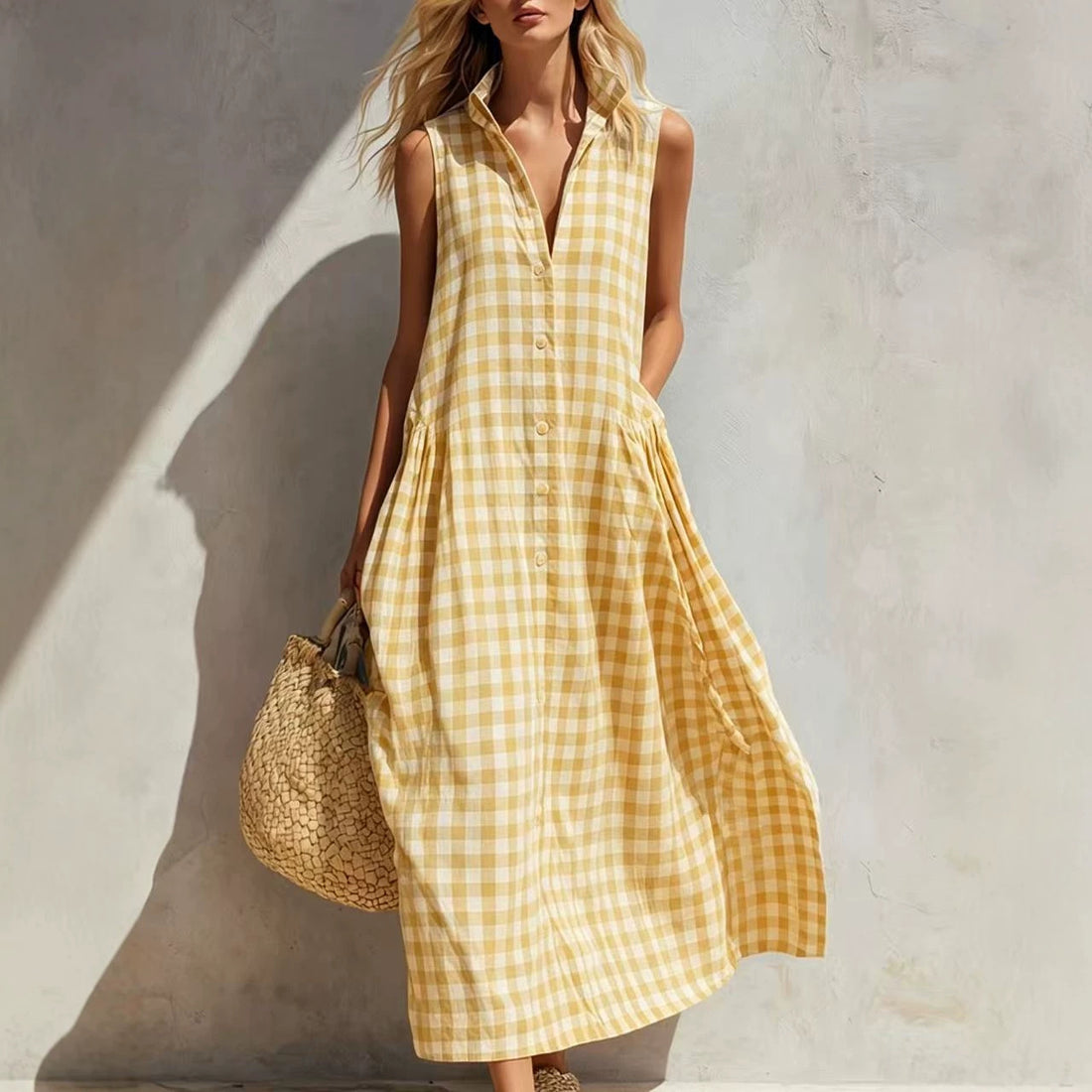 New Summer Beach Plaid Loose Long Dress