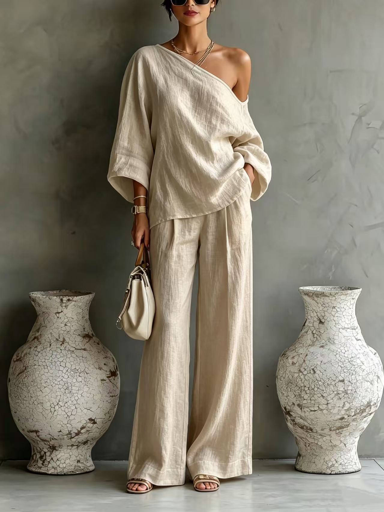 Elegant Off-shoulder Top And Loose Wide-leg Pants Set In A Relaxed, Laid-back Style