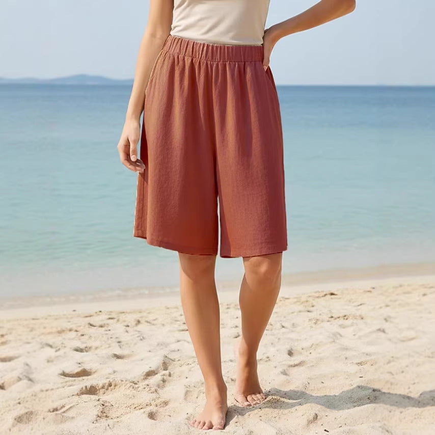 Summer Loose Casual Cotton-Linen Elastic-Waist Wide-Leg Shorts For Women