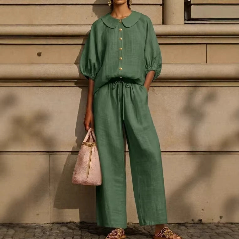 Womens Cotton-Linen Lantern-Sleeve Shirt Set