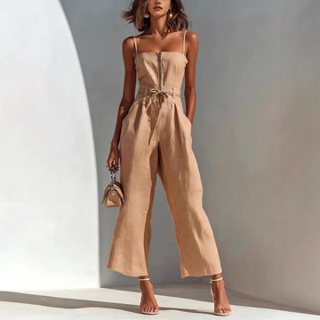 Strapless Sleeveless Lace-up Womens Jumpsuit With Wide-leg Trousers