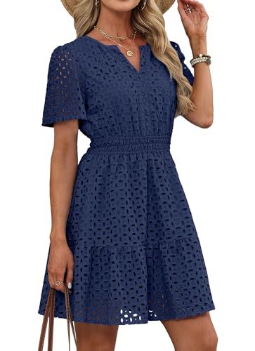 Womens Hollow-out Lace Short-sleeve Dress