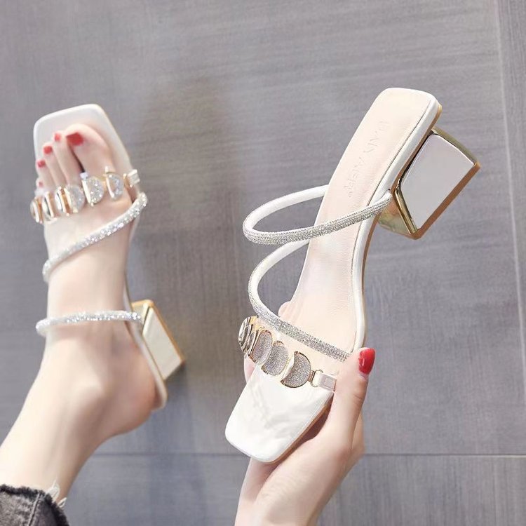 Women's Korean Style Slide Sandals Summer Outdoor Wear Chunky Heel Fashion Rhinestone Sandals 2026 New Trendy Mid Heel Single Strap Women's Shoes
