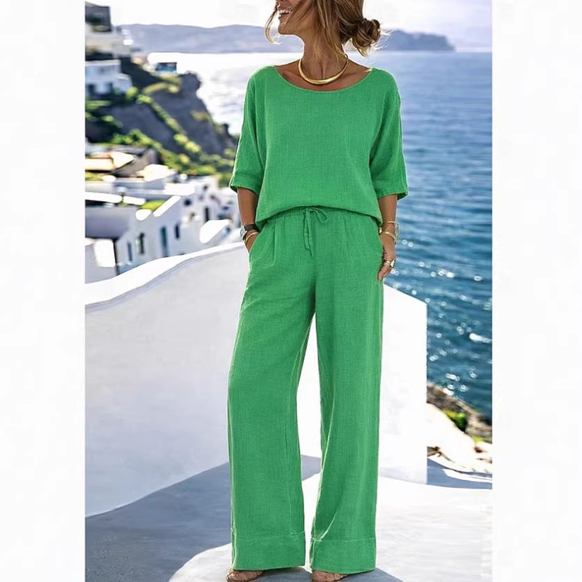 Cotton-Linen Minimalist Elegant Resort Short-Sleeve Pants Set