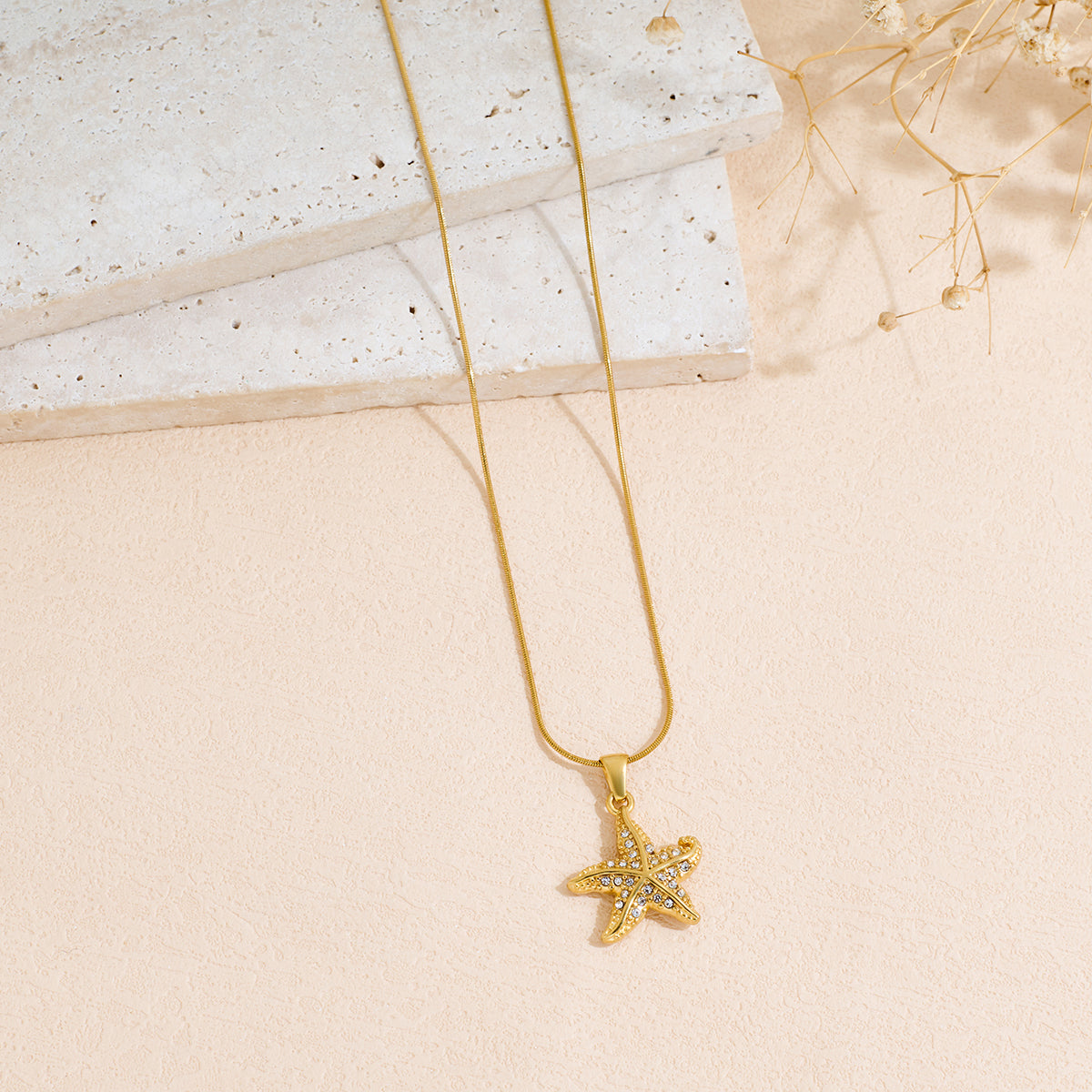 Ocean Wind Starfish Style Stainless Steel Inlaid Rhinestone Pendant Necklace