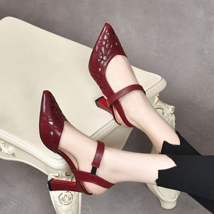 New Stylish Pointed-toe, Back-cutout Soft-leather Closed-toe High-heeled Sandals