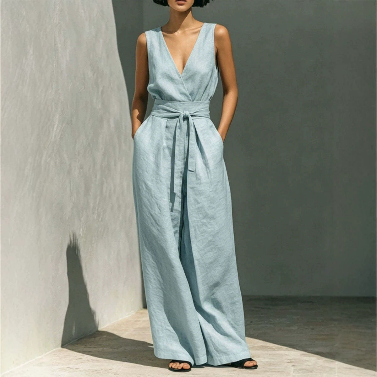 Womens Casual Sleeveless Tank Top And High-Waist Wide-Leg Pants Two-Piece Set