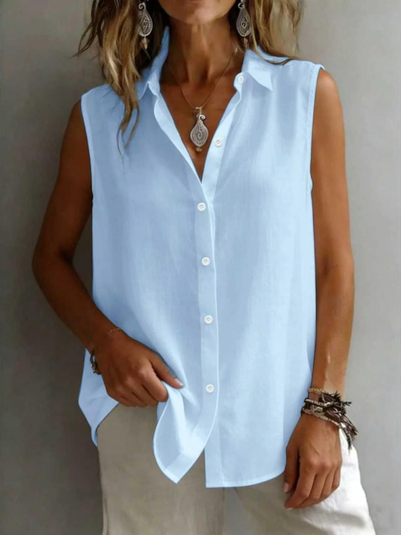 Women's Solid Color Casual Lapel Sleeveless Shirt
