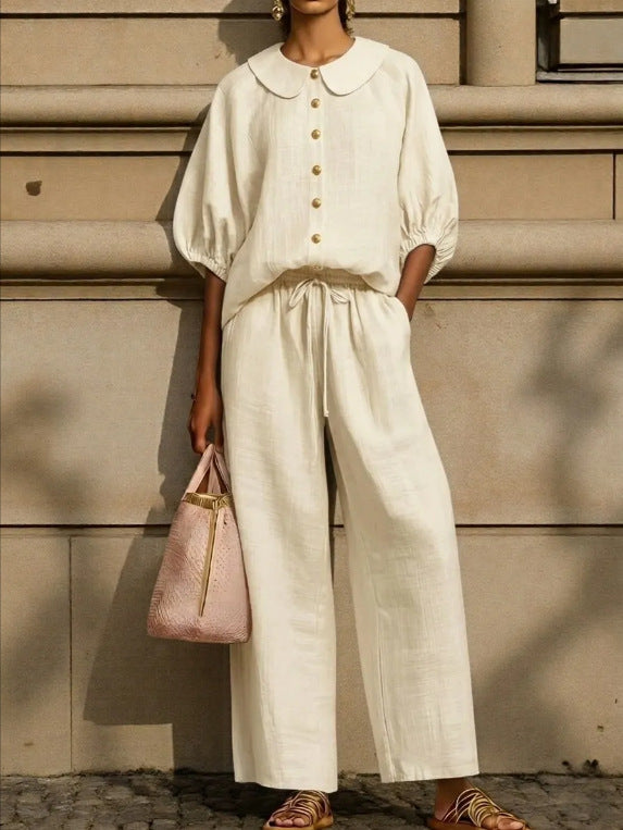 Womens Cotton-Linen Lantern-Sleeve Shirt Set