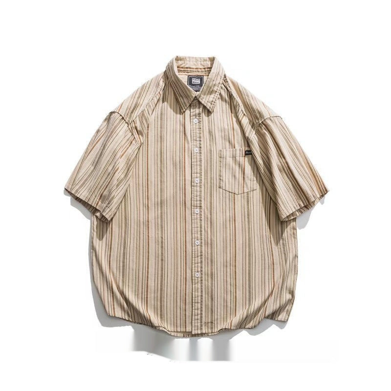 Japanese Style Striped Vintage Short Sleeve Shirt For Men