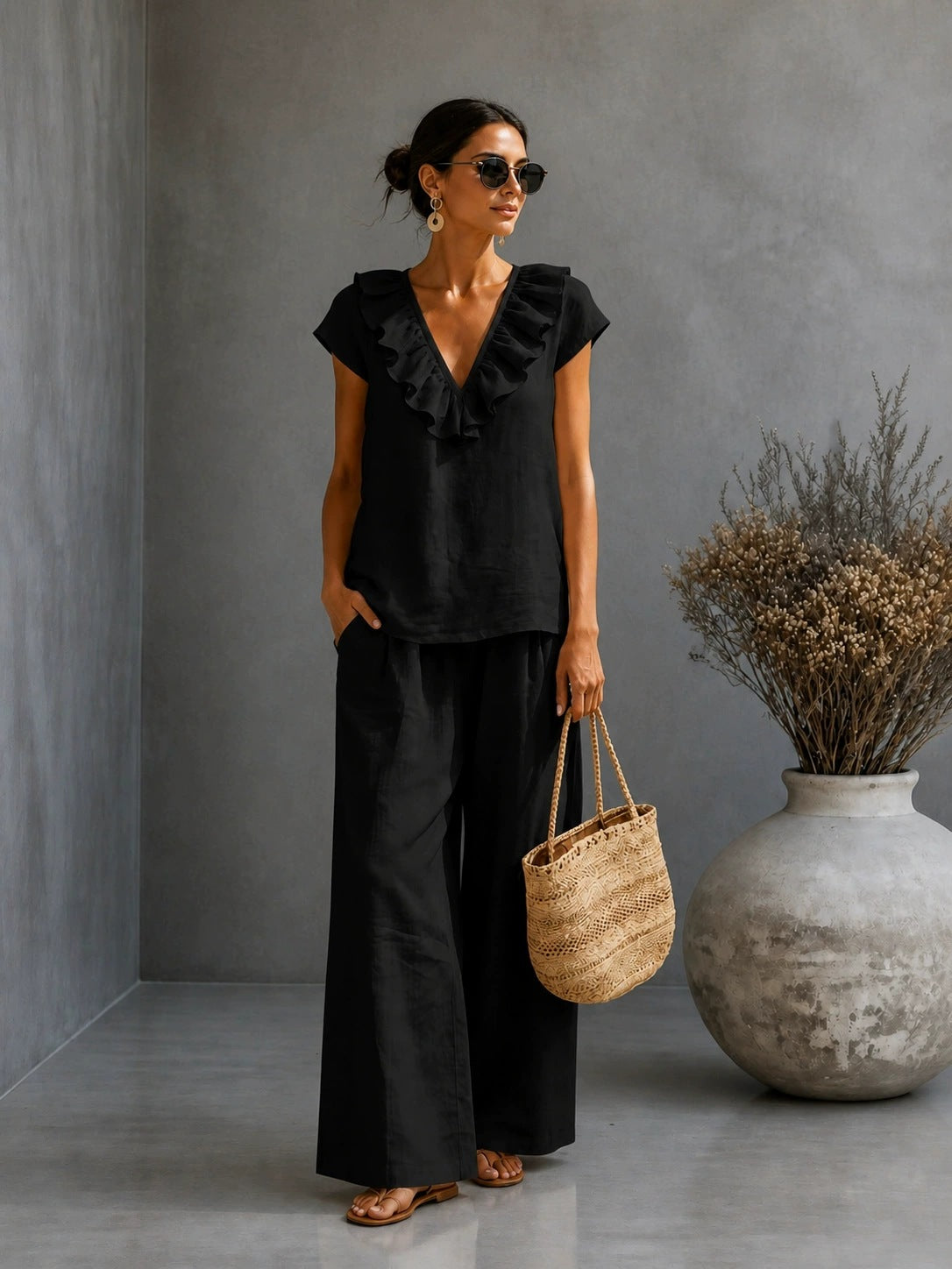 Women's V-neck Ruffled Hem Wide-leg Pants Set