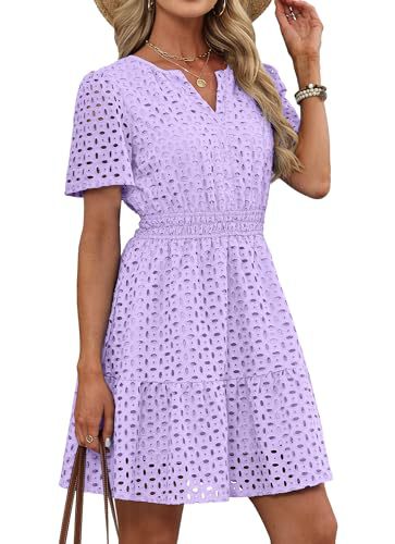 Womens Hollow-out Lace Short-sleeve Dress