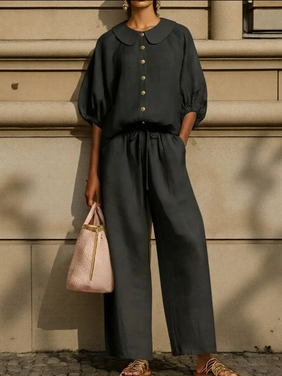 Womens Cotton-Linen Lantern-Sleeve Shirt Set