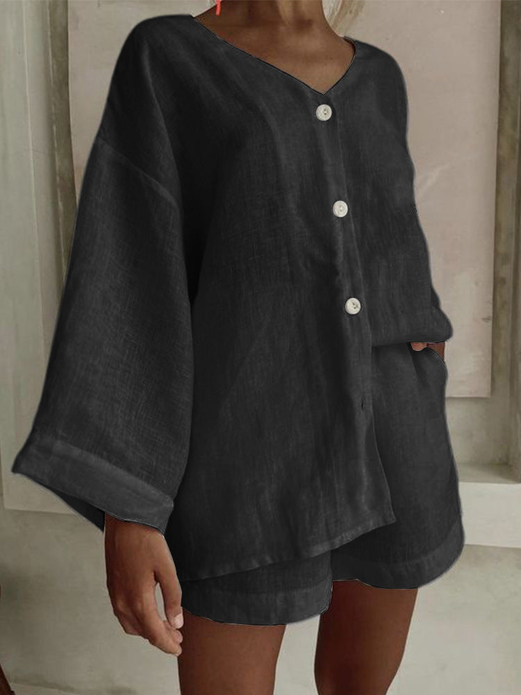 Fashionable Cotton-Linen Shirt And Shorts Casual Set