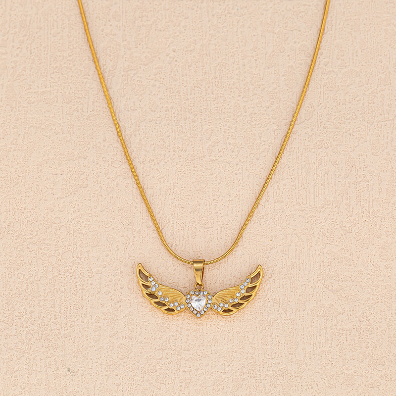 Wing-shaped Inlaid Rhinestone Stainless Steel Pendant Necklace