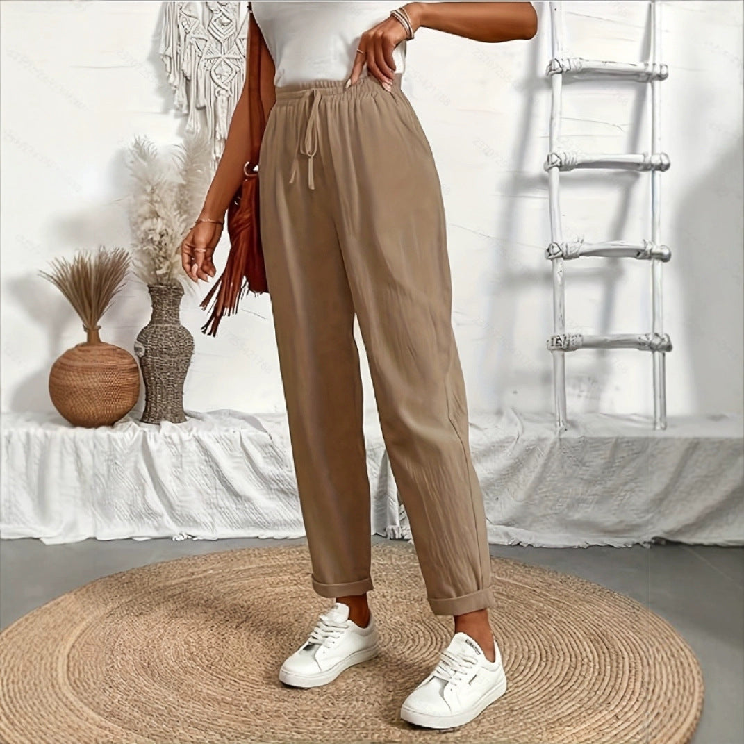 Drawstring-waist Wide-leg Pants Womens Solid Color
