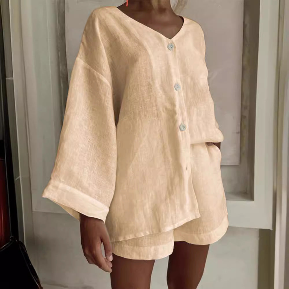 Fashionable Cotton-Linen Shirt And Shorts Casual Set