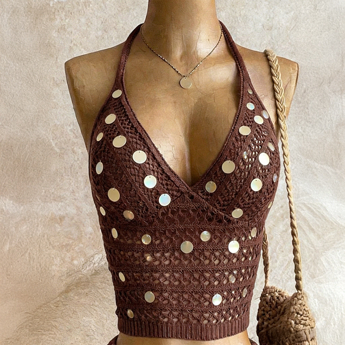 V-neck Sequin Crochet Halter Vest Figure-hugging Vacation Top For Chic Girls