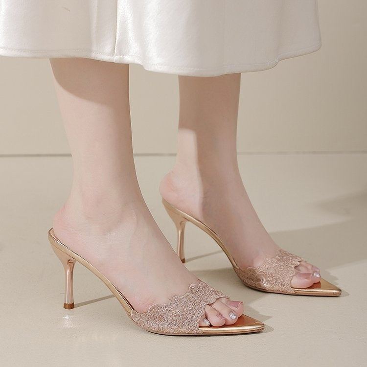 2026 Summer New French Lace Pointed Toe Slides Gentle Style Stiletto Outdoor Women Sandals