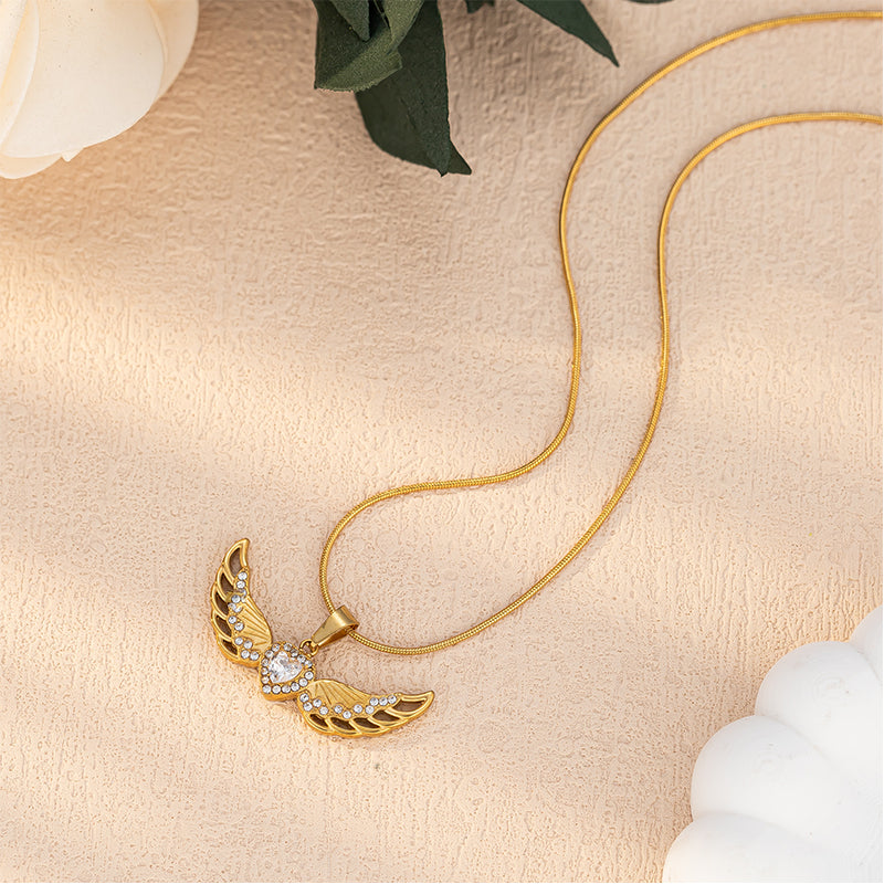 Wing-shaped Inlaid Rhinestone Stainless Steel Pendant Necklace