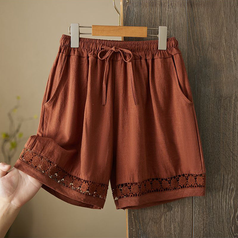Retro Artistic Hollowed-Out Lace Trim Shorts Womens Casual Wide-Leg Pants
