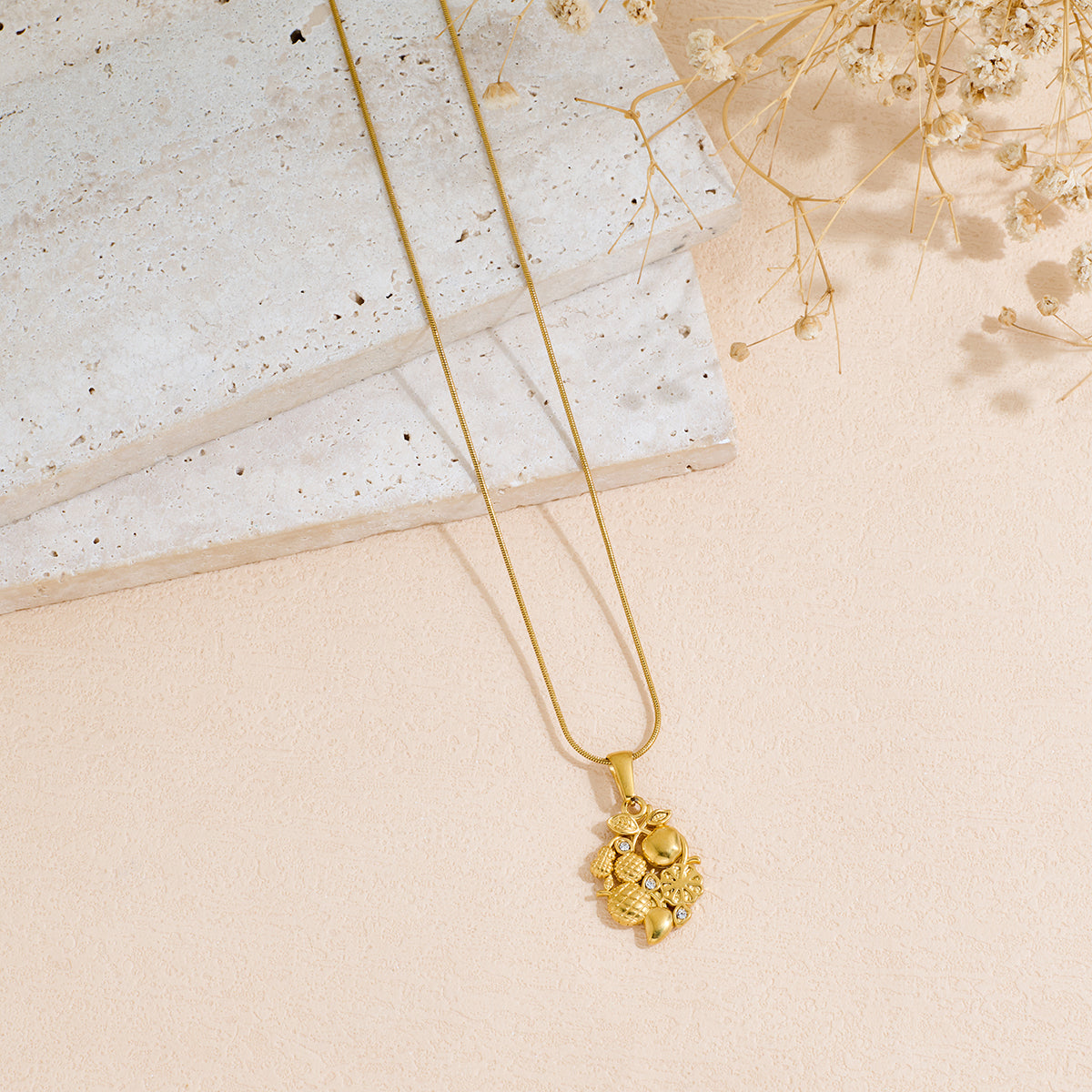 Stainless Steel Necklace With Fruit Pattern Inlaid With Rhinestones Pendant