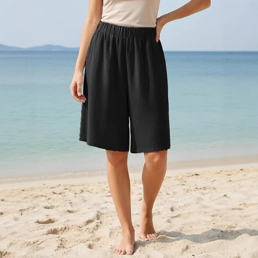 Summer Loose Casual Cotton-Linen Elastic-Waist Wide-Leg Shorts For Women