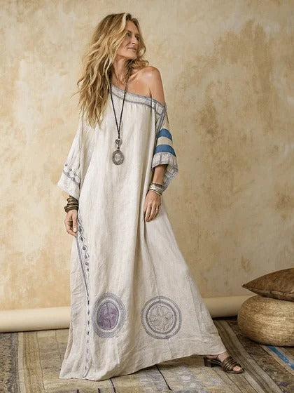 Printed V-Neck Three-Quarter Sleeve Long Kaftan Dress