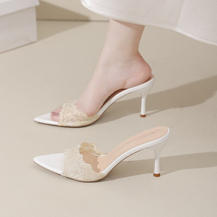 2026 Summer New French Lace Pointed Toe Slides Gentle Style Stiletto Outdoor Women Sandals