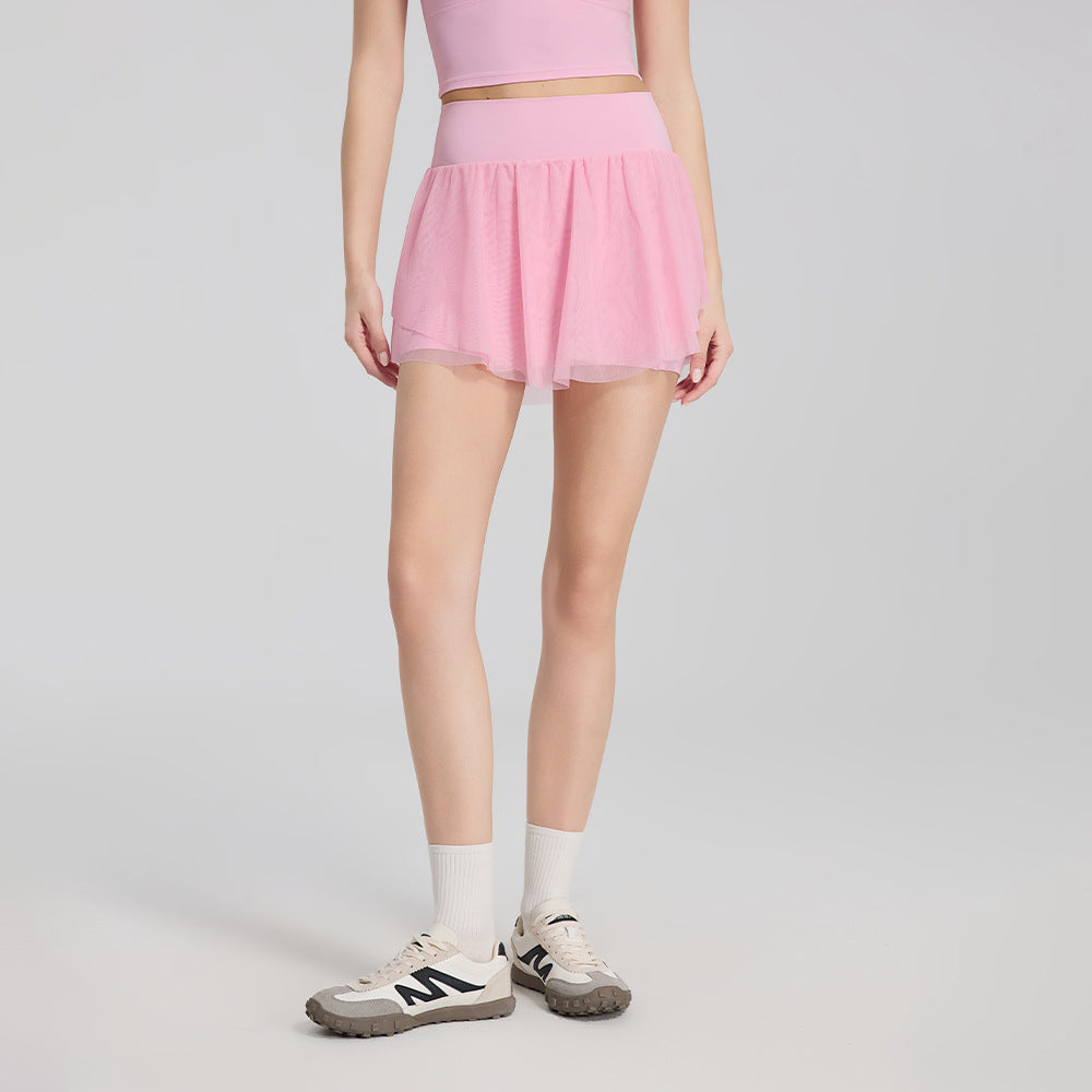 Summer Elastic Waist Sheer Panel Pocket Yoga Skirt