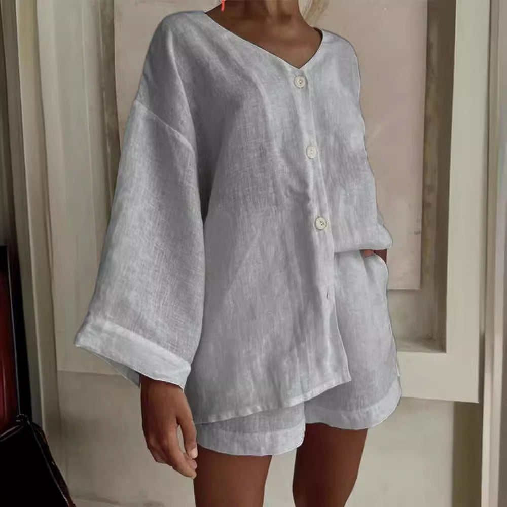 Fashionable Cotton-Linen Shirt And Shorts Casual Set
