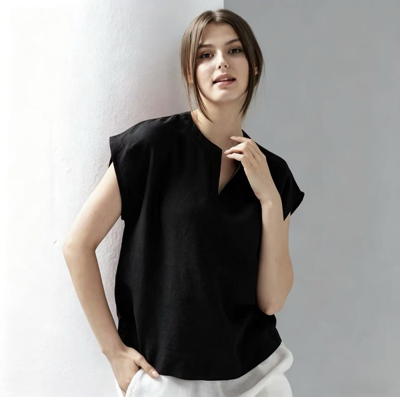 Casual V-neck Linen Short-sleeve Top