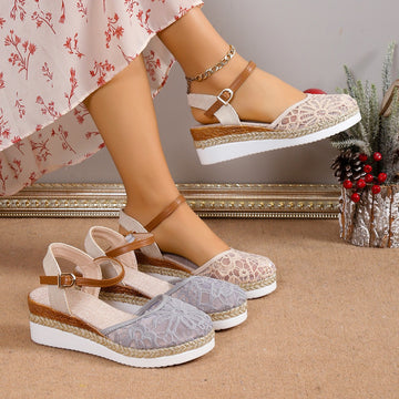 Womens Plus-Size Mesh Breathable Embroidered Stylish High-Heel Sandals